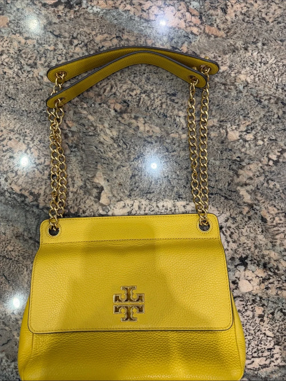 Tory Burch Yellow Pebbled Leather Chain Shoulder Bag with Gold Logo